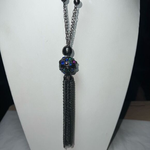 Gunmetal and Crystal Long Fringe Statement Necklace‎ - Picture 7 of 11